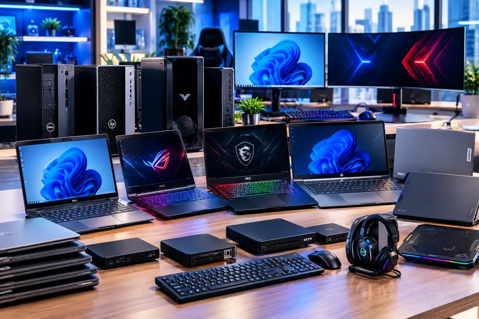Laptops, desktop computers and monitors arranged with computer accessories